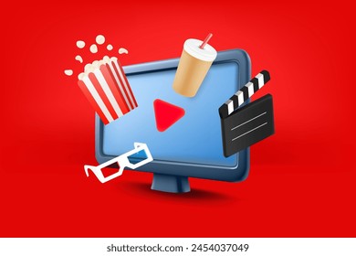 Video entertainment concept with lcd monitor. 3d vector illustration