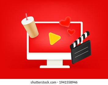 Video entertainment vector concept. Modern computer monitor with on red background