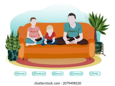 Video entertainment vector flat illustration. Father and kids on the couch. Father's Day. Hobby. Happy family having fun playing video games. Concept of family fun with kids at home. 