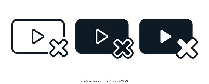 Video Error Icon with Cross Mark and Play Symbol. Streaming Content Delete and Cancel. Vector Illustration