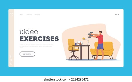 Video Exercises Landing Page Template. Man Training with Dumbbell Watching Sport Tutorial on Laptop. Sportsman Male Character in Sportswear Online Workout with Weight. Cartoon Vector Illustration