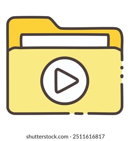 Symbol für Videodateiordner. Gelbes Ordnersymbol mit Wiedergabetaste im Inneren. Einfache Vektorgrafik von Videodateien, digitalem Speicher oder Medieninhalten.