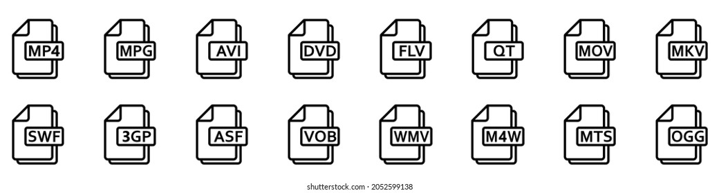 Videodateiformate. Set von linearen Symbolen verschiedener Videoformate. Symbole für Videodateien. Vektorgrafik.