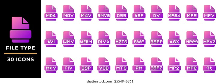 Video file gradient fill icon collection. document, extension, file type symbol.