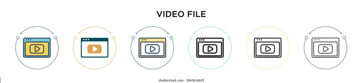 Video file icon in filled, thin line, outline and stroke style. Vector illustration of two colored and black video file vector icons designs can be used for mobile, ui, web