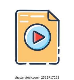 Video Icono de archivo. Reproducir el ícono de Botón Video en un documento, que simboliza un archivo o contenido multimedia.