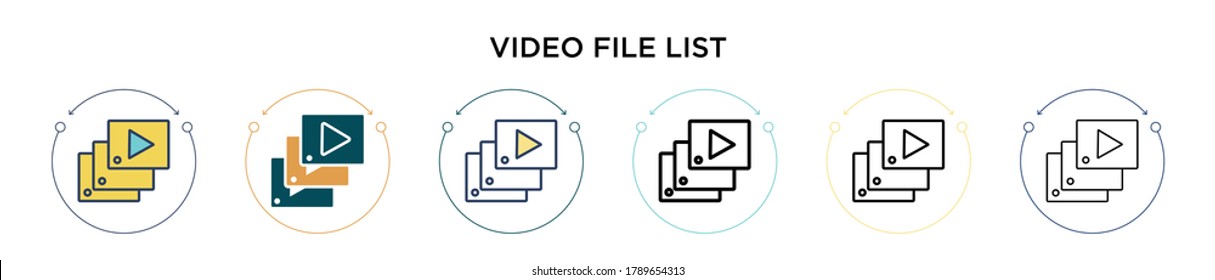 Video file list icon in filled, thin line, outline and stroke style. Vector illustration of two colored and black video file list vector icons designs can be used for mobile, ui, web