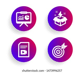 Video file, Presentation and Creative idea icons simple set. Halftone dots button. Target sign. Vlog page, Board with charts, Lightning. Targeting. Education set. Classic flat video file icon. Vector