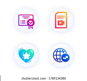 Video file, Ranking star and Certificate icons simple set. Button with halftone dots. World statistics sign. Vlog page, Love rank, Verified document. Global report. Technology set. Vector