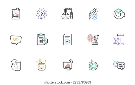 Video file, Share idea and Food app line icons for website, printing. Collection of Metro, Oil barrel, Spanner icons. Hypoallergenic tested, Face biometrics, Inspiration web elements. Vector