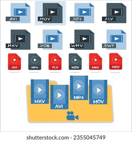 video File type icon set - File extensions - Colored file type and document in flat style design - Popular files format sign. File type icons: video set. 2377