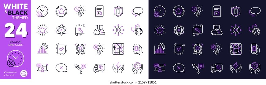 Video file, World communication and Time management line icons for website, printing. Collection of Chemistry pipette, Loyalty award, Loyalty star icons. Metro map, Loan percent. Vector