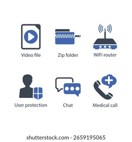 Videodatei, Zip-Ordner, WiFi-Router, Benutzerschutz, Chat, Medizinischer Anruf, Symbol
