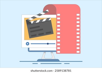 Video film editing concept created on pc computer, vector flat graphic illustration, online motion content production, digital montage image, clip art, animation studio design. flat illustration.