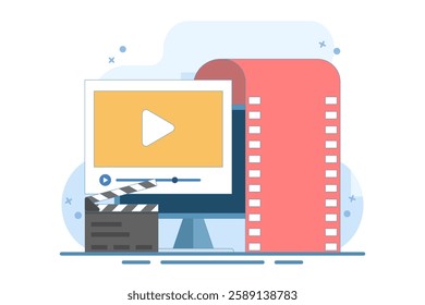 Video film editing concept created on pc computer, vector flat graphic illustration, online motion content production, digital montage image, clip art, animation studio design. flat illustration.