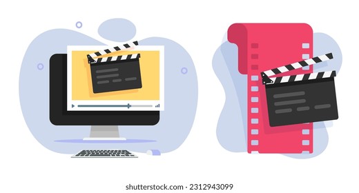 Video film movie creating editing icon on computer pc vector flat graphic illustration, online motion content production digital montage image clipart graphic, creating animation studio design