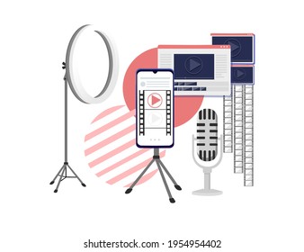Video or film production cinematography concept media player on smartphone with professional tools vector illustration on white background