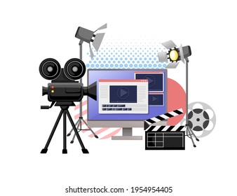 Video or film production cinematography concept media player on monitor with professional tools vector illustration on white background