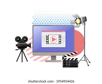 Video or film production cinematography concept media player on monitor with professional tools vector illustration on white background