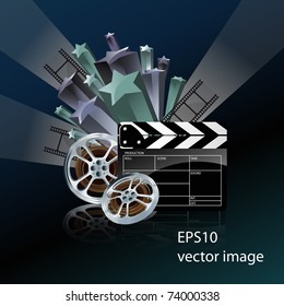 video film tape with cinema clapper and filmstrip on blue background