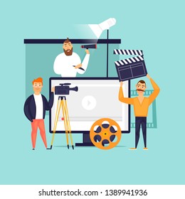 Video filming, reporting, the team is shooting video. Flat design vector illustration.