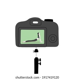 Video fitness blog vector handdrawn illustration. Woman character internet blogger making records with sport exercises to camera on tripod. Vlogging equipment. Isolated on white background. 
