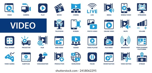 Video flat icons set. Cinema, screen, streaming, film, play, player, movie, pause icons and more signs. Flat icon collection.