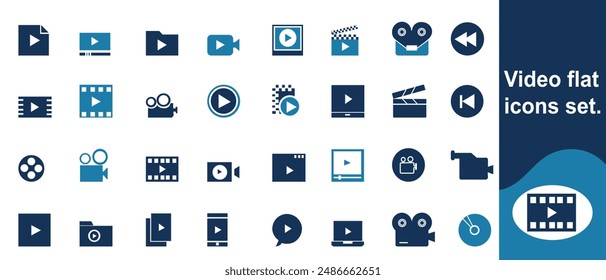 Video flat icons set. Cinema, screen, streaming, film, play, player, movie, pause icons and more signs. Flat icon collection.