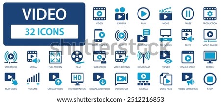 Video flat icons set. Cinema, screen, streaming, film, play, player, movie, pause icons and more signs. Flat icon collection.