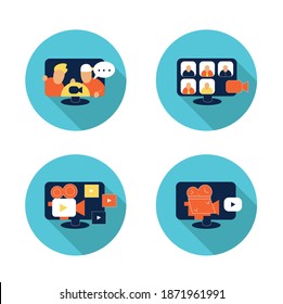 Juego de iconos planos de vídeo. Colección de carteles para videollamadas, conferencias web, marketing digital, producción de películas y vlogueo. Elementos lineales para reproductores multimedia móviles.Colección vectorial de color con sombra 