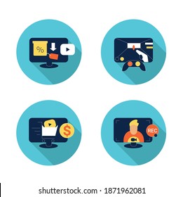 Juego de iconos planos de vídeo. Colección de carteles para videollamadas, juegos web, marketing digital, producción de películas y vlogueo. Juego de elementos lineales para reproductores de medios móviles. Colección vectorial de color con sombra