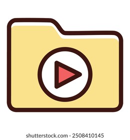 Design de ícone da pasta de vídeo. Design de ícone simples e colorido de uma pasta amarela com um botão de reprodução vermelho dentro. Perfeito para armazenamento de vídeo, gerenciamento de mídia ou plataformas de vídeo online.