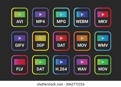 Video format icon set. Linear style sign for mobile concept and web design.