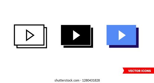 Video gallery icon of 3 types: color, black and white, outline. Isolated vector sign symbol.