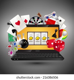 Video Gambling Games Concept With Laptop And Play Icons Set Vector Illustration