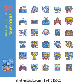 Video game  30 Color Flat Outline icons set.Icon design for web design,mobile application,website and graphic design.