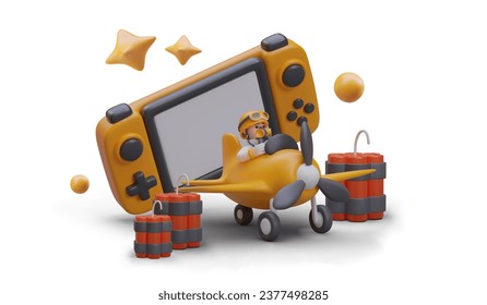 Videospiel mit 3D-Cartoon-Charakter im Flugzeug und verschiedenen Dynamiken. Konzept des Computerspiels im realistischen Stil. Vektorgrafik in gelben und roten Farben