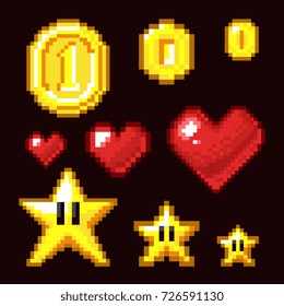 Video game 8 bit assets isolated. Coin, star and heart pixel retro icons in different size. Heart and star, coin pixel game illustration