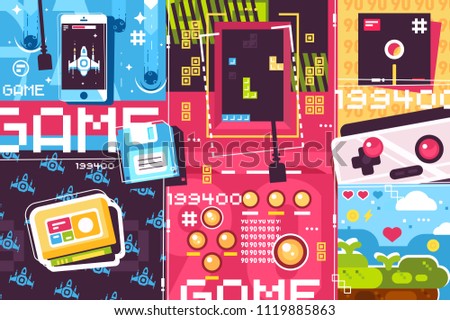 Video game abstract background. Retro and modern plays use smartphone or joystick computer. Vector illustration
