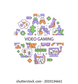 Video game abstract color concept layout with headline. Digital entertainment. Gamers and players console fun. Playing console creative idea. Isolated vector filled contour icons for web background