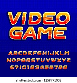 Video game alphabet font. Digital gradient uppercase letters. Pixel background. 80s retro arcade game typeface.