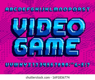 Video Game alphabet font. Retro pixel letters and numbers. Pixel background. 80s arcade game typescript.