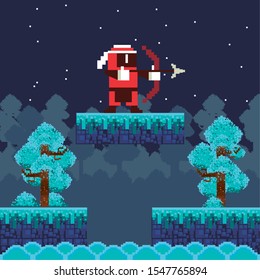 video game archery warrior in pixelated scene vector illustration design