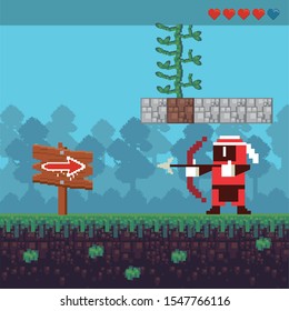 video game archery warrior in pixelated scene vector illustration design