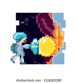 video game avatar with fire balls pixelated vector illustration design