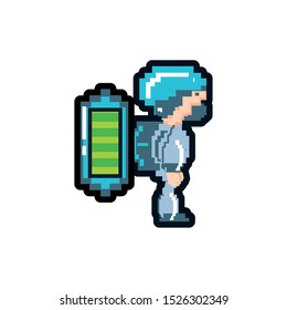 video game avatar pixelated with battery level vector illustration design