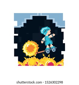 video game avatar pixelated with skateboard vector illustration design