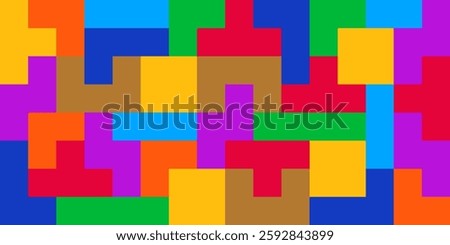 Video game background with color block shapes, pixel bricks