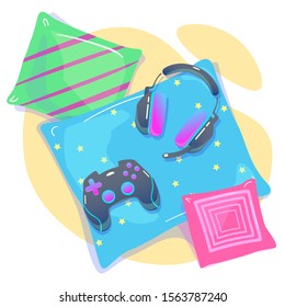 Video game background with joypad, headphones. Concept of social geek, hobby, pastime, devices addiction, using gadgets. Cozy gaming home with pillows Flat style. Vector illustration isolated on white