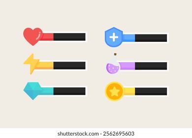 Video game bar template set. Heart, energy, diamond, shield, potion, coin low level indicator. Gaming, interface, menu concepts. Flat decorative vector design isolated illustration.